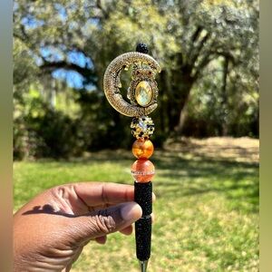 Custom Made Black & Gold Rhinestone Celestial Owl Pen
